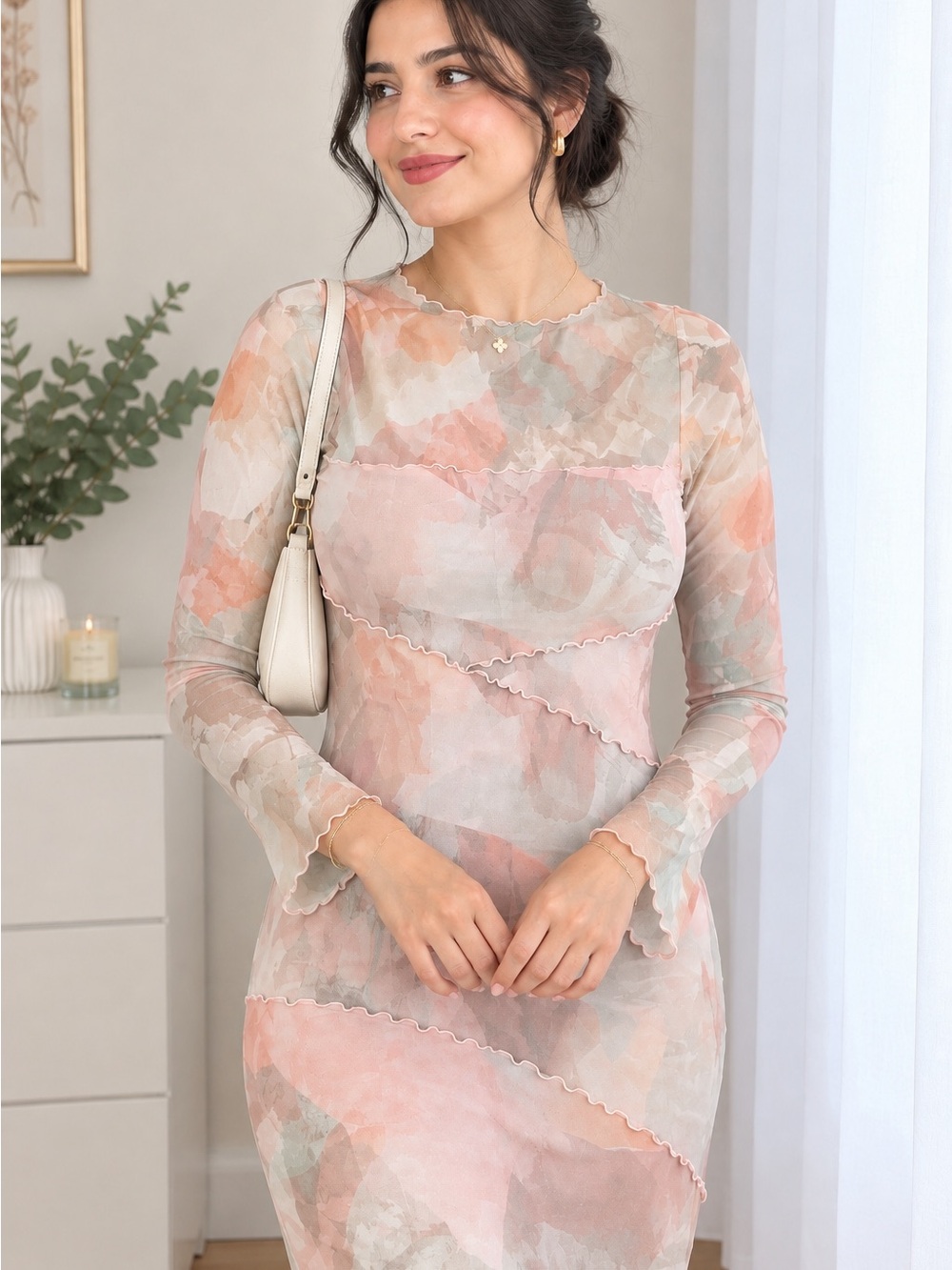 Guess Pastel Watercolor Sheer Long-Sleeve Dress - Pink, Cream, Green